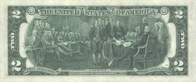 Купюра номиналом 2 доллара США, обратная сторона